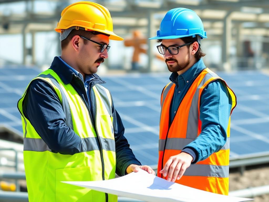 Engineers reviewing plans at a water and solar energy facility