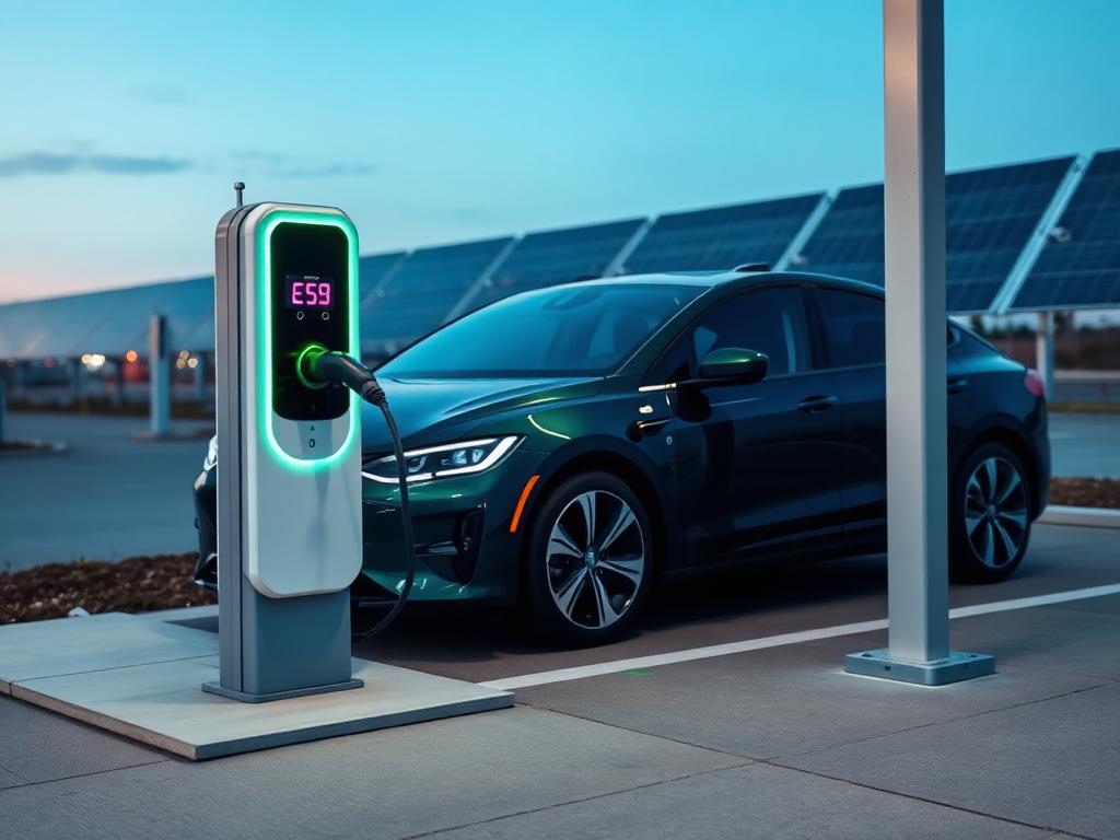 Electric vehicle charging at a station powered by solar panels